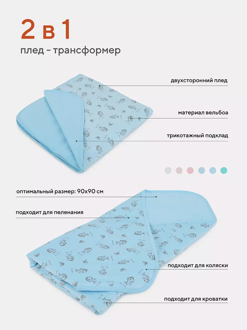 Плед Топотушки 90х90 см розовый/дельфины Голубой